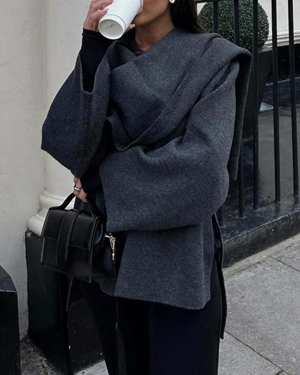 imageCHARTOU Women Large Cross Front Cape Shawl Cardigan Coat Elegant Knit Wrap Cloak Sweater Poncho JacketDark Grey