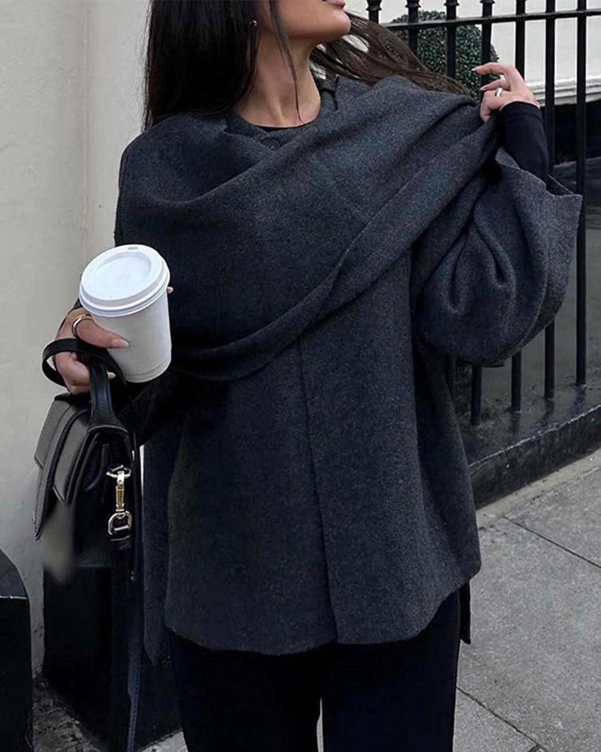 imageCHARTOU Women Large Cross Front Cape Shawl Cardigan Coat Elegant Knit Wrap Cloak Sweater Poncho JacketDark Grey