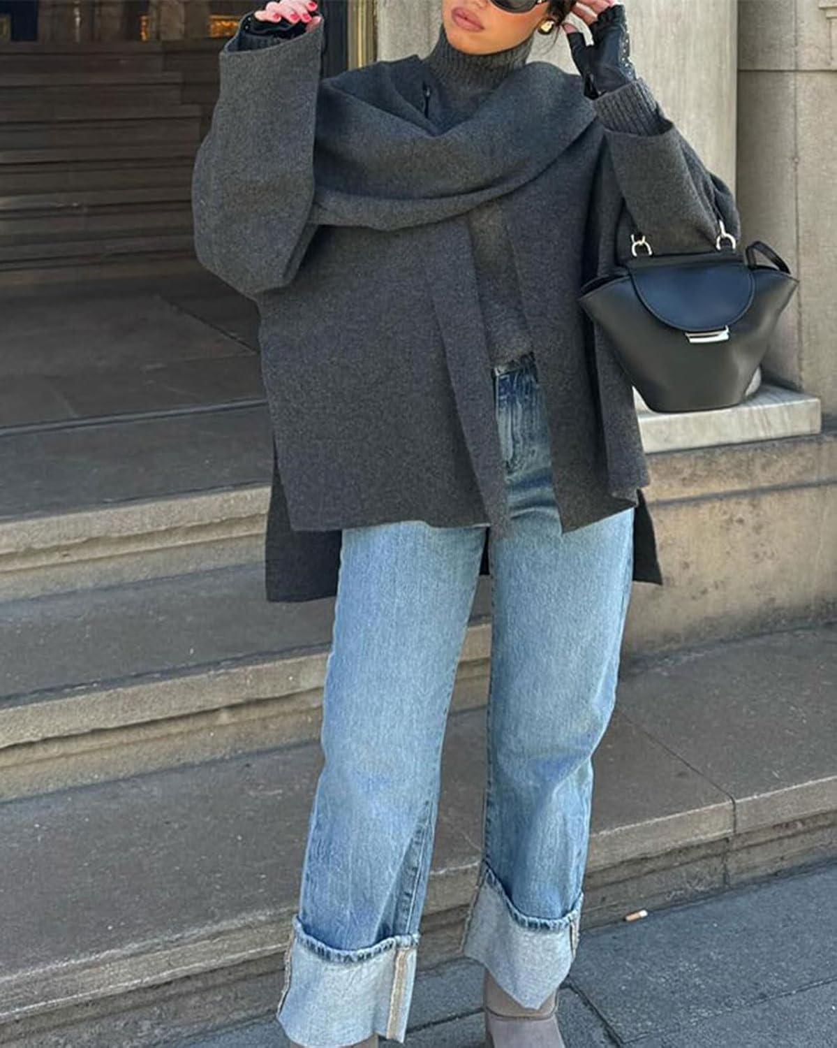 imageCHARTOU Women Large Cross Front Cape Shawl Cardigan Coat Elegant Knit Wrap Cloak Sweater Poncho JacketDark Grey