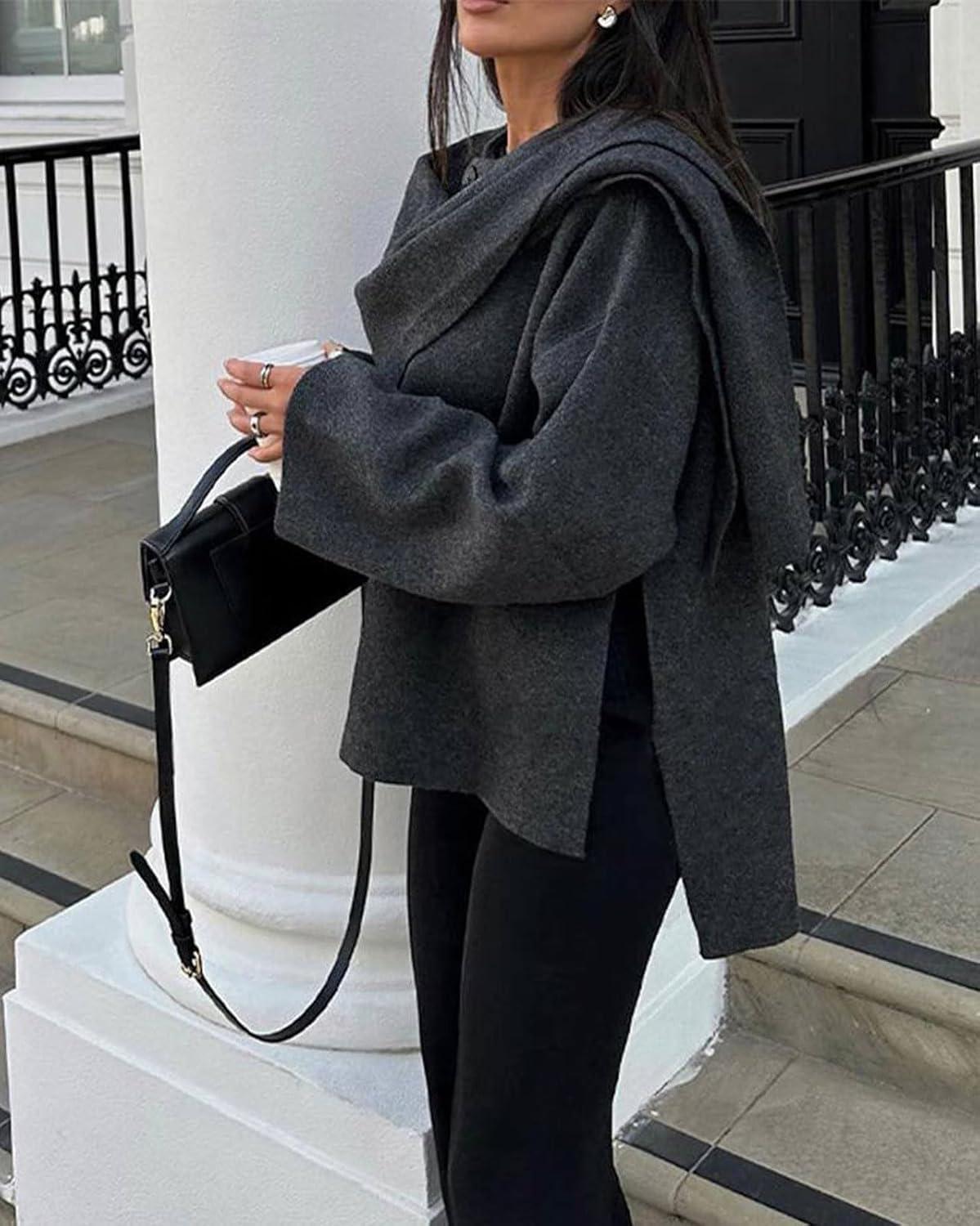 imageCHARTOU Women Large Cross Front Cape Shawl Cardigan Coat Elegant Knit Wrap Cloak Sweater Poncho JacketDark Grey