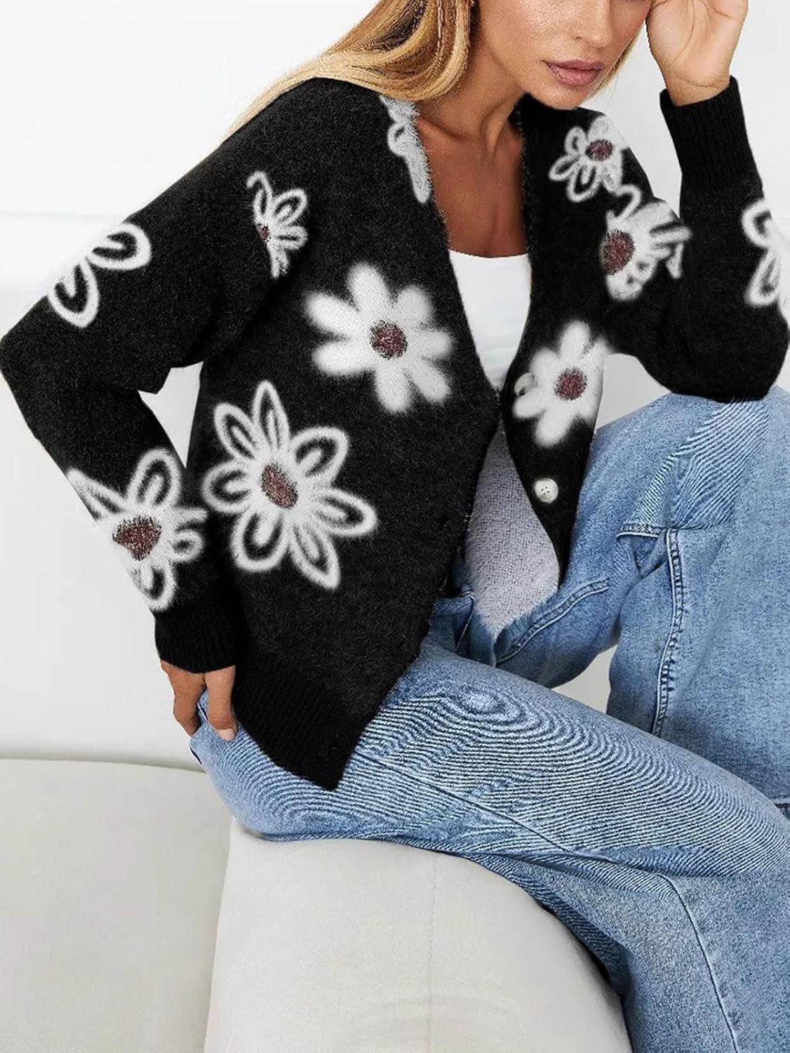 imageCHARTOU Women V Neck Floral Furry Crop Cardigan Knitted Button Down Cashmere Sweater Fall OutfitsBlack