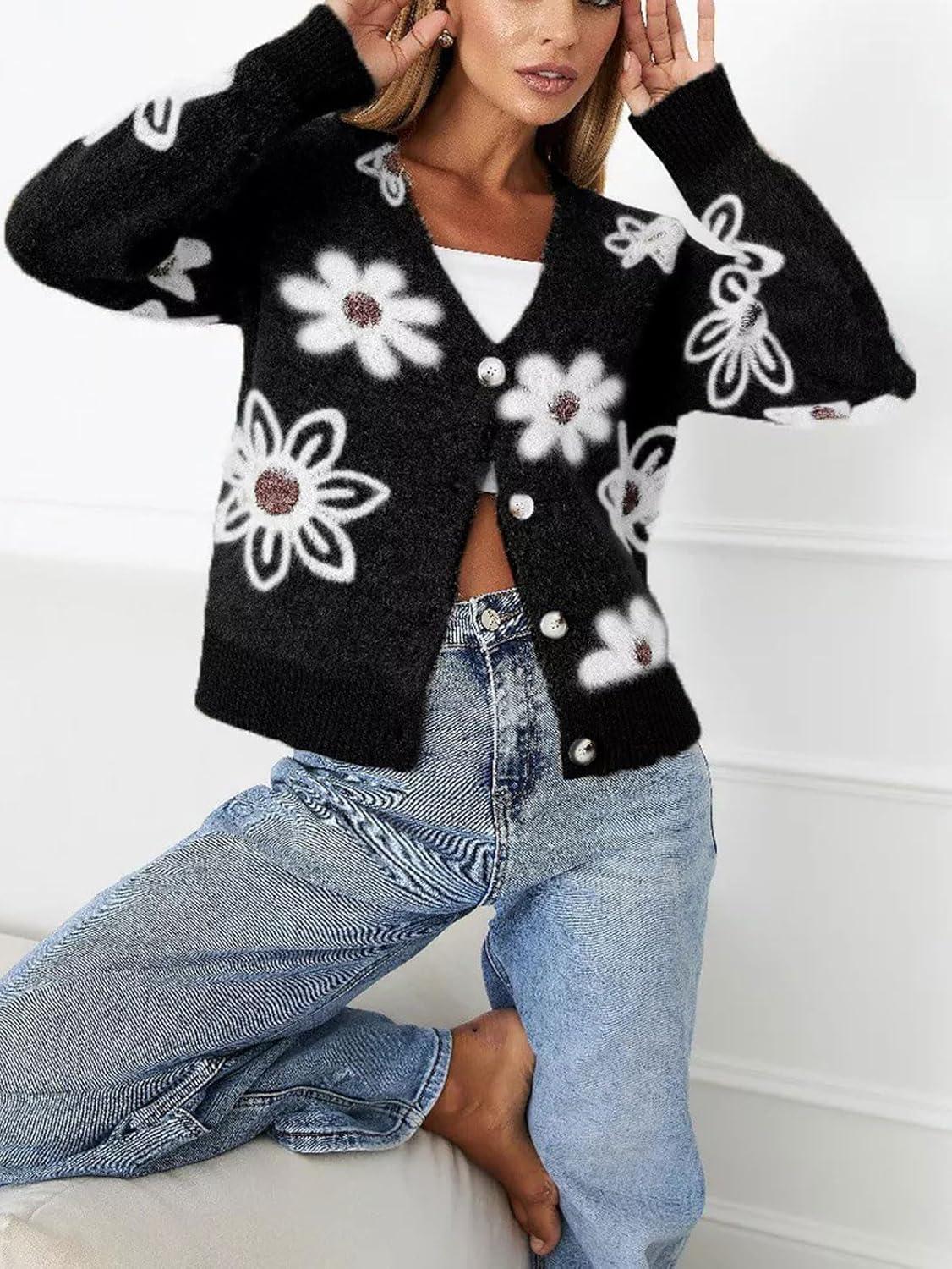 imageCHARTOU Women V Neck Floral Furry Crop Cardigan Knitted Button Down Cashmere Sweater Fall OutfitsBlack