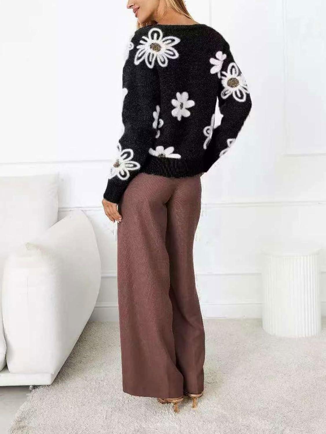 imageCHARTOU Women V Neck Floral Furry Crop Cardigan Knitted Button Down Cashmere Sweater Fall OutfitsBlack