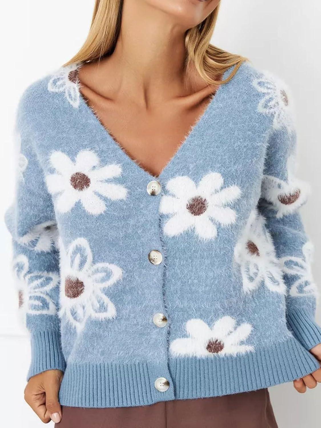 imageCHARTOU Women V Neck Floral Furry Crop Cardigan Knitted Button Down Cashmere Sweater Fall OutfitsBlue