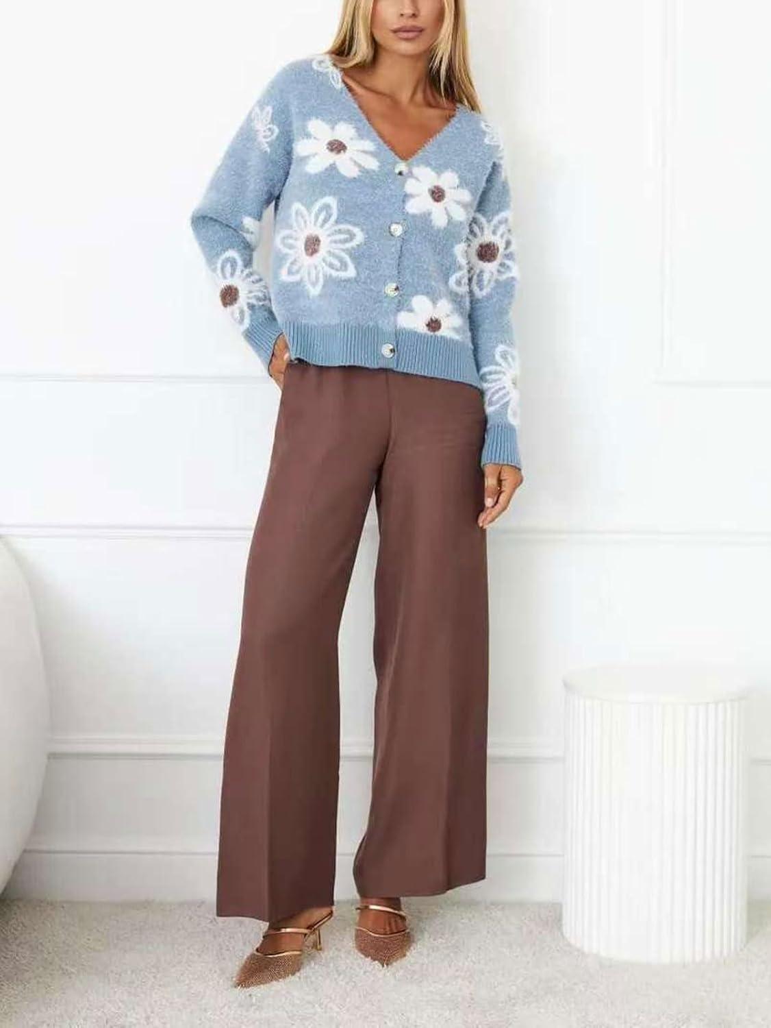imageCHARTOU Women V Neck Floral Furry Crop Cardigan Knitted Button Down Cashmere Sweater Fall OutfitsBlue
