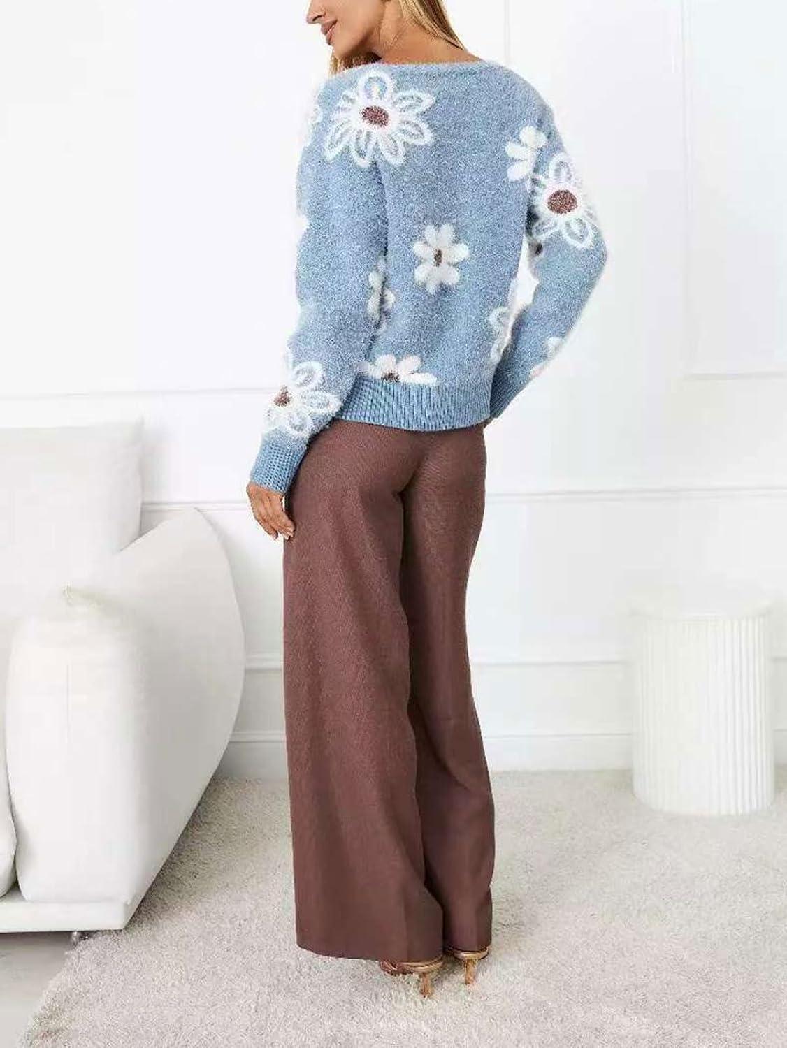 imageCHARTOU Women V Neck Floral Furry Crop Cardigan Knitted Button Down Cashmere Sweater Fall OutfitsBlue