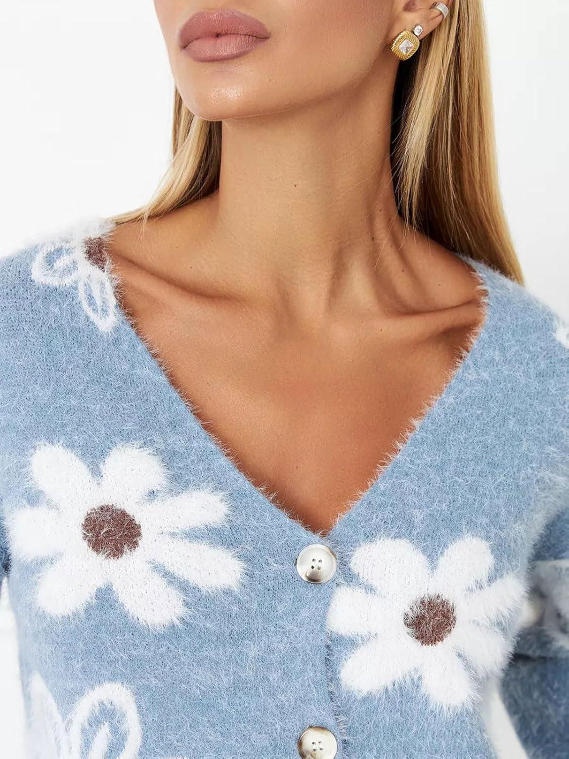 imageCHARTOU Women V Neck Floral Furry Crop Cardigan Knitted Button Down Cashmere Sweater Fall OutfitsBlue