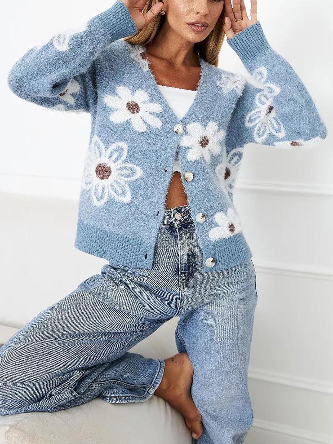 imageCHARTOU Women V Neck Floral Furry Crop Cardigan Knitted Button Down Cashmere Sweater Fall OutfitsBlue