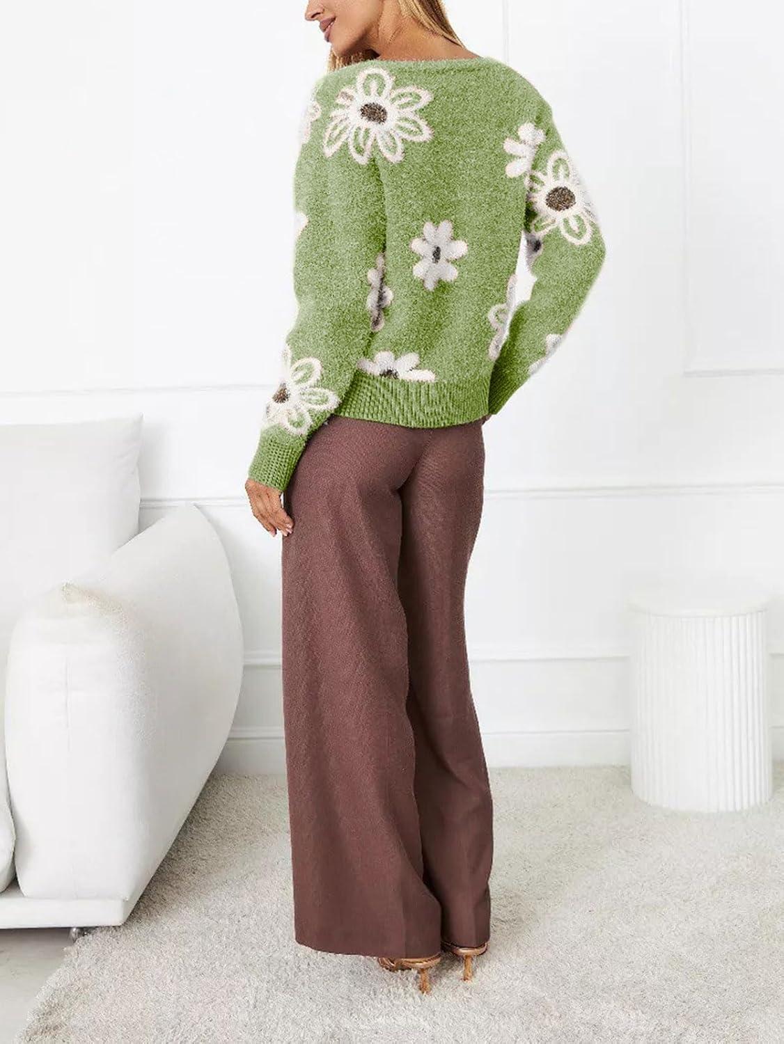 imageCHARTOU Women V Neck Floral Furry Crop Cardigan Knitted Button Down Cashmere Sweater Fall OutfitsGreen