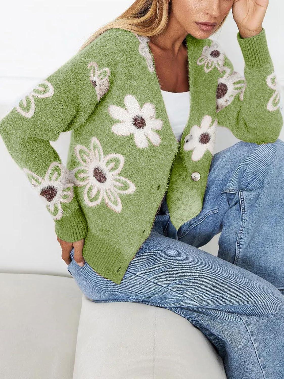 imageCHARTOU Women V Neck Floral Furry Crop Cardigan Knitted Button Down Cashmere Sweater Fall OutfitsGreen
