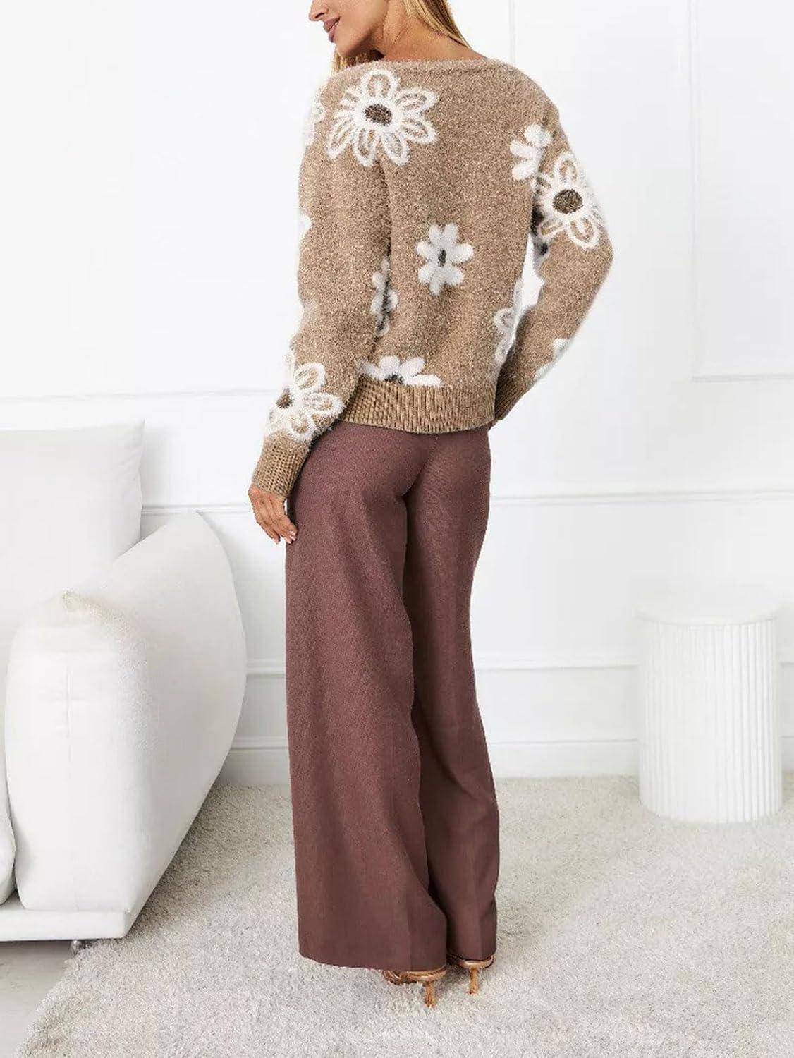 imageCHARTOU Women V Neck Floral Furry Crop Cardigan Knitted Button Down Cashmere Sweater Fall OutfitsKhaki