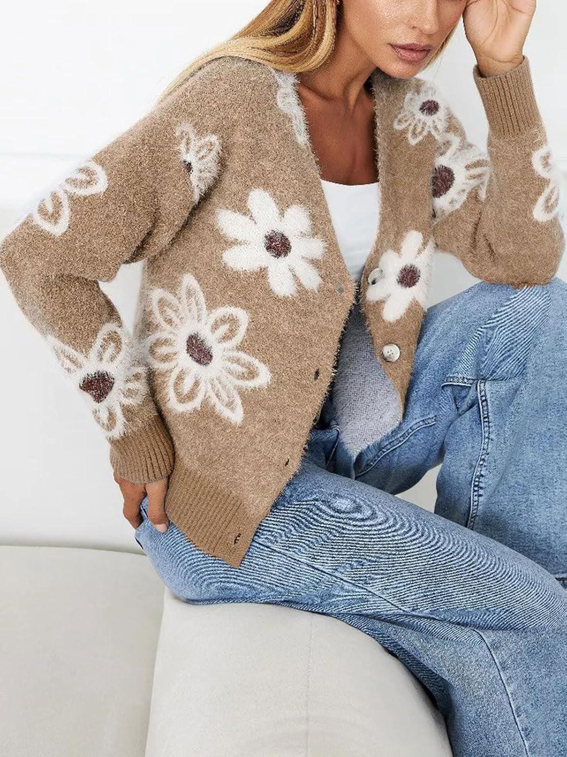 imageCHARTOU Women V Neck Floral Furry Crop Cardigan Knitted Button Down Cashmere Sweater Fall OutfitsKhaki