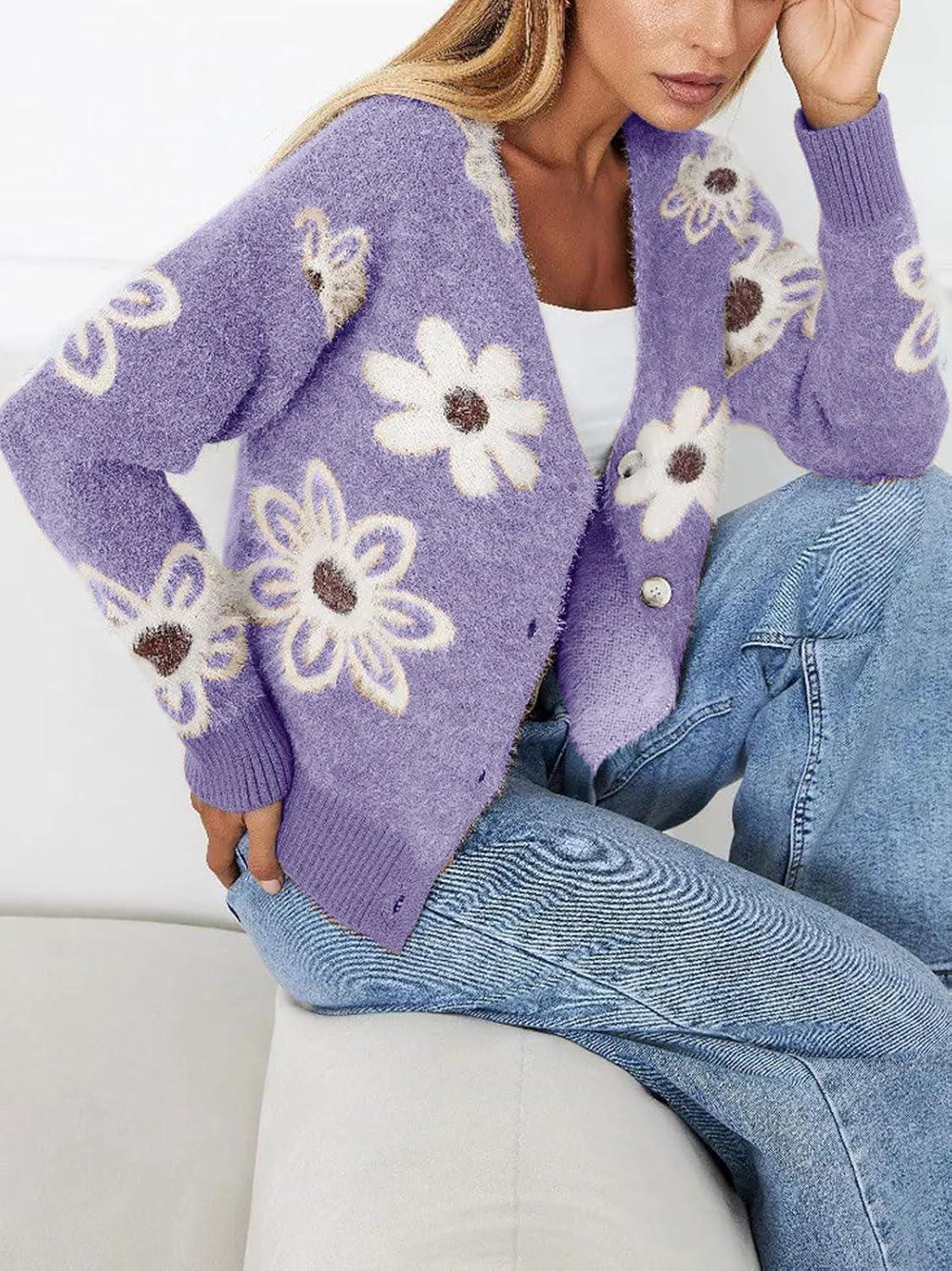 imageCHARTOU Women V Neck Floral Furry Crop Cardigan Knitted Button Down Cashmere Sweater Fall OutfitsPurple