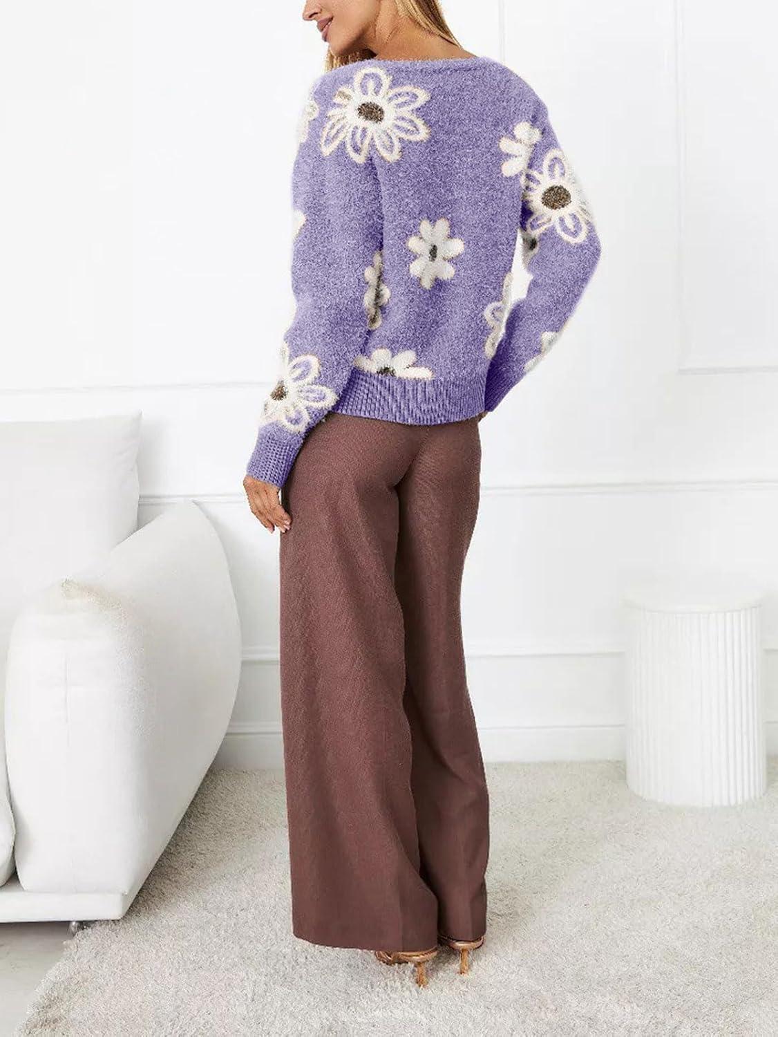 imageCHARTOU Women V Neck Floral Furry Crop Cardigan Knitted Button Down Cashmere Sweater Fall OutfitsPurple
