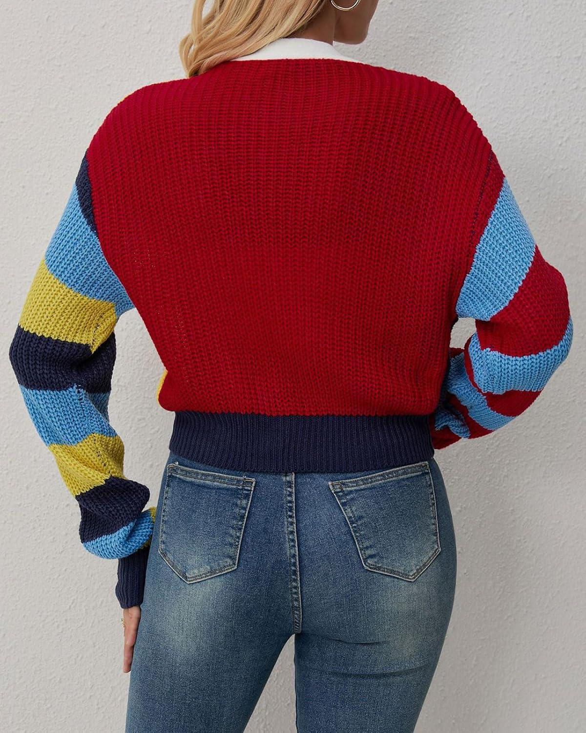 imageCHARTOU Womens Colorful Letter Cable Knit Sweaters Cardigan V Neck Button Down Color Block Y2k Outfits 2024Color Block