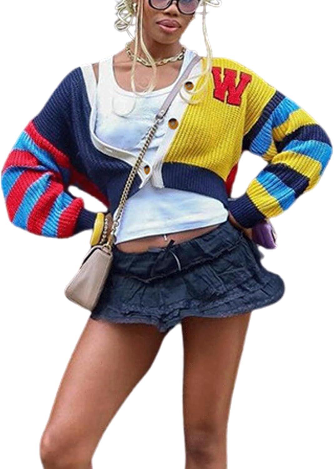 imageCHARTOU Womens Colorful Letter Cable Knit Sweaters Cardigan V Neck Button Down Color Block Y2k Outfits 2024Color Block