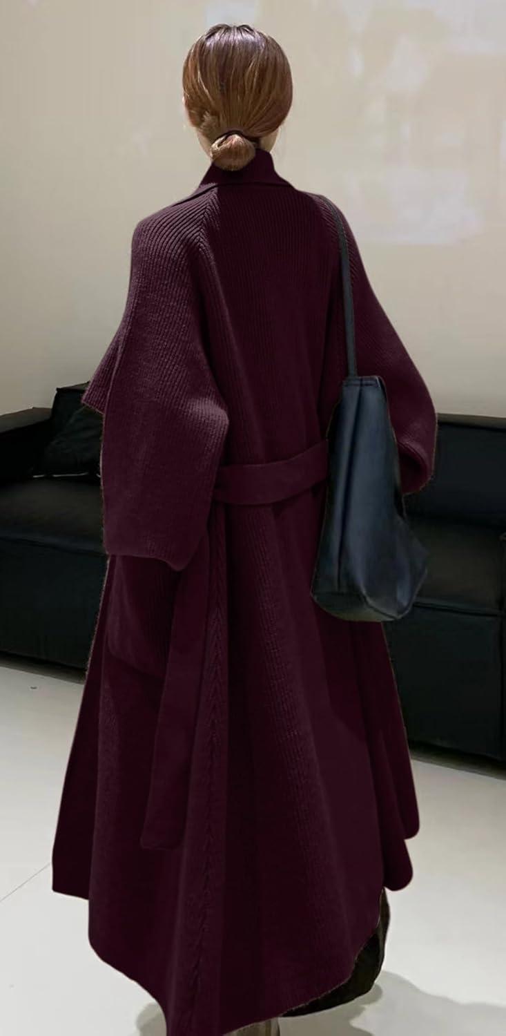 imageCHARTOU Womens Elegant Lapel Collar RibKnit Open Front Cardigan Long Sweater Jacket OvercoatWine