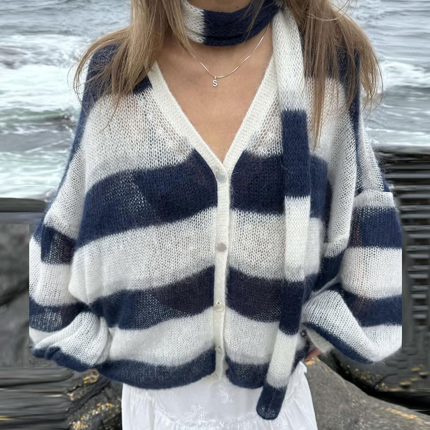imageCHARTOU Womens Lightweight Oversized Cardigan Lantern Sleeve Contrast Striped Sweater Fall OutfitsNavy