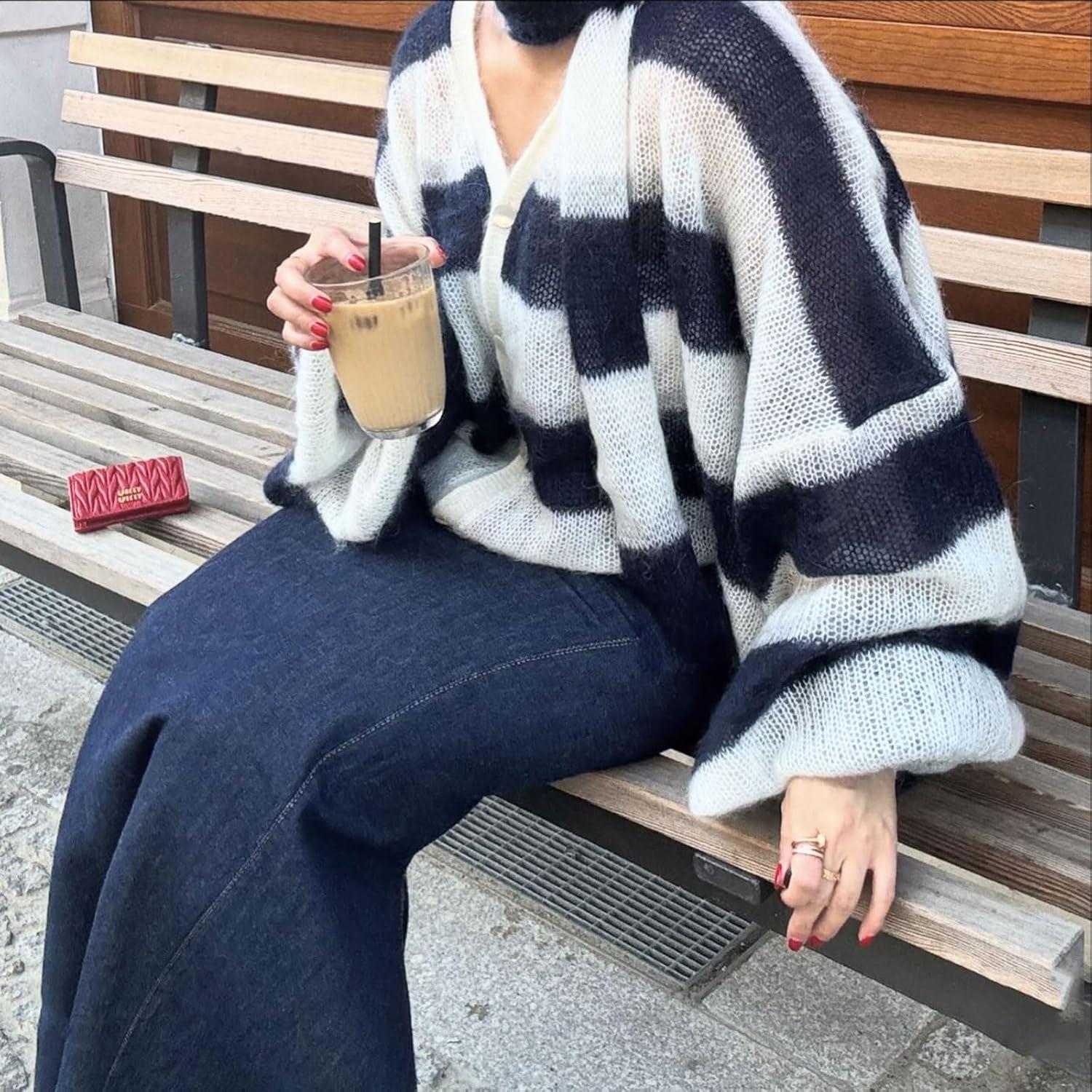 imageCHARTOU Womens Lightweight Oversized Cardigan Lantern Sleeve Contrast Striped Sweater Fall OutfitsNavy