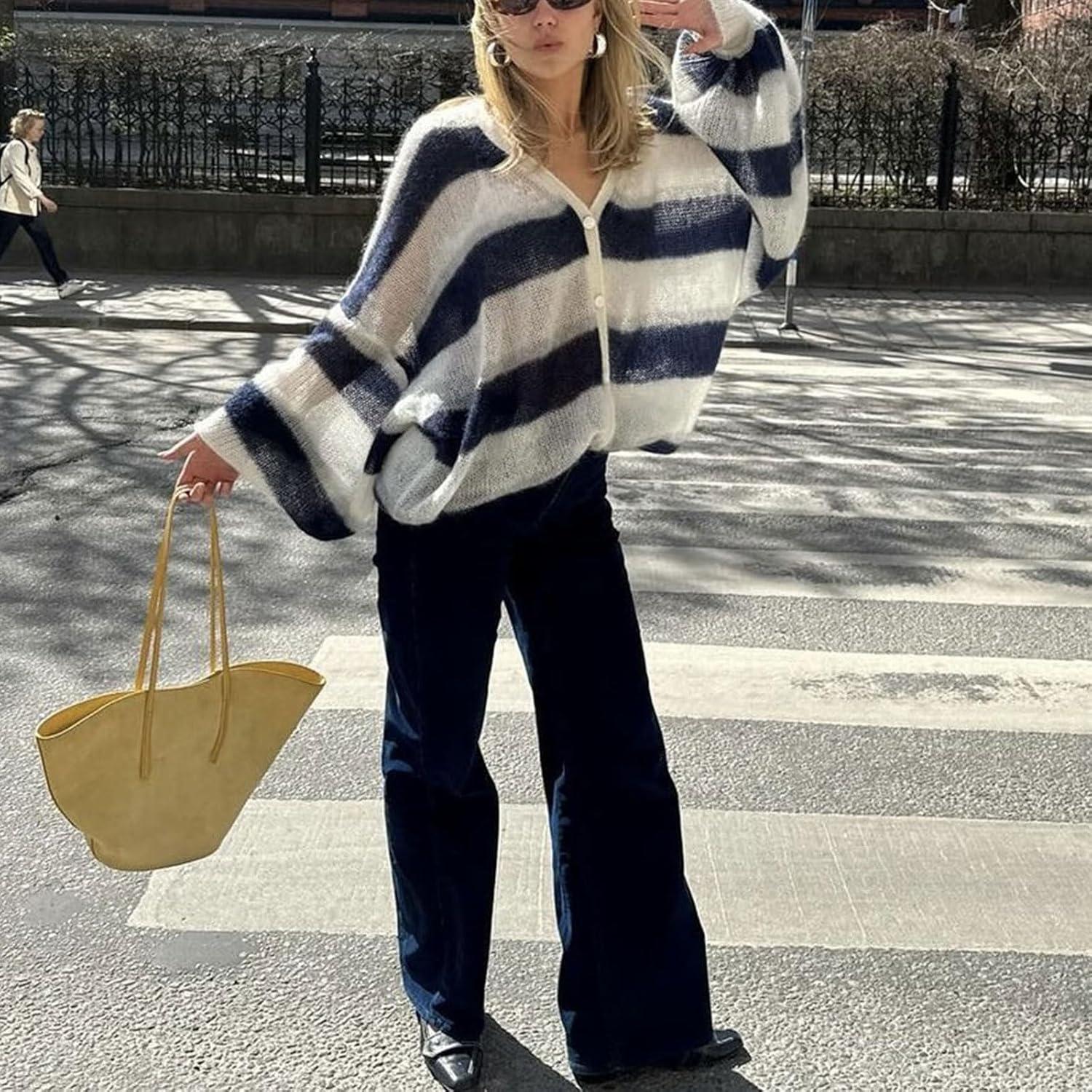imageCHARTOU Womens Lightweight Oversized Cardigan Lantern Sleeve Contrast Striped Sweater Fall OutfitsNavy