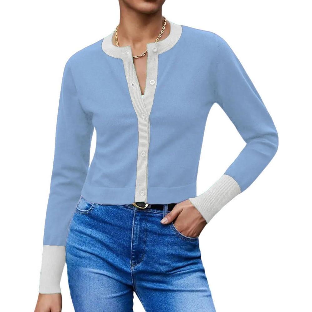 imageCHARTOU Women Color Block Cardigan Sweater Lightweight Basic Sweater Open Front Cropped Cardigan ShrugsBlue