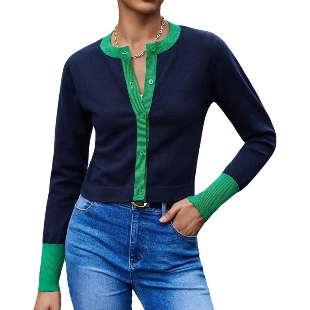 imageCHARTOU Women Color Block Cardigan Sweater Lightweight Basic Sweater Open Front Cropped Cardigan ShrugsNavy