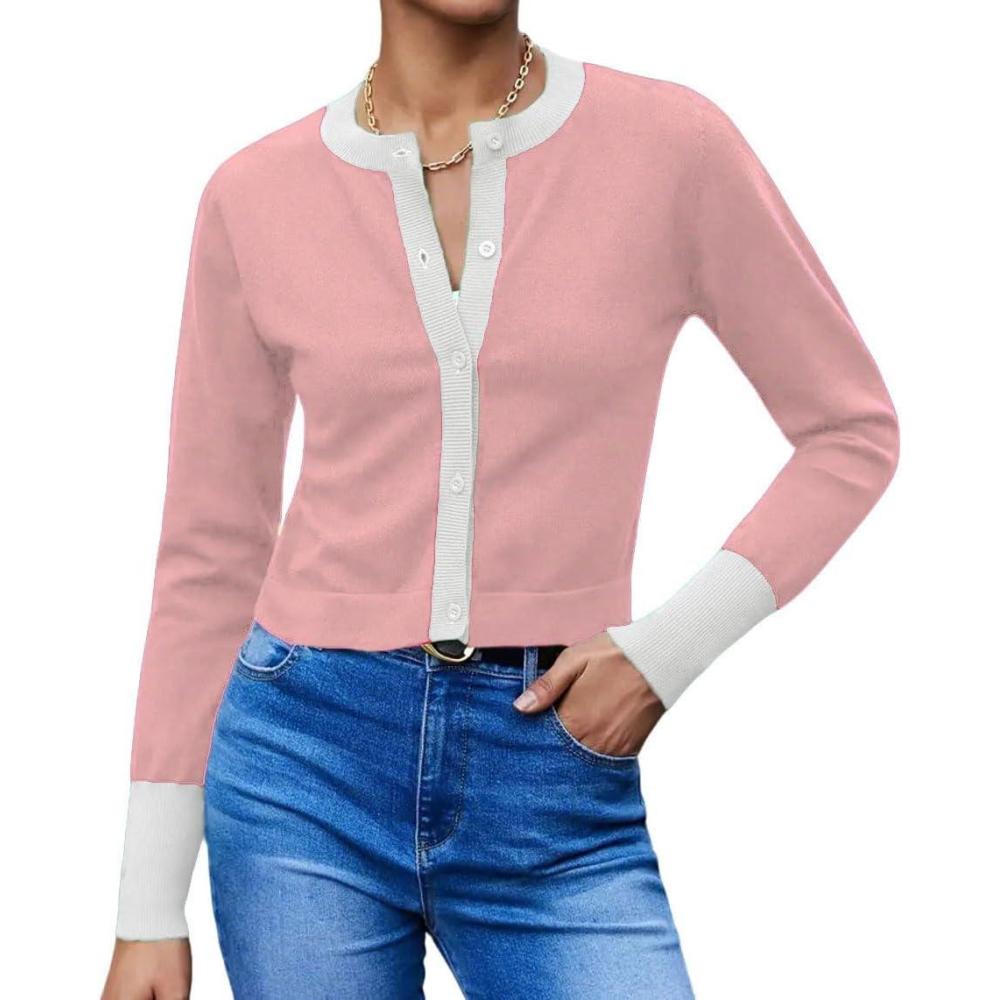 imageCHARTOU Women Color Block Cardigan Sweater Lightweight Basic Sweater Open Front Cropped Cardigan ShrugsPink