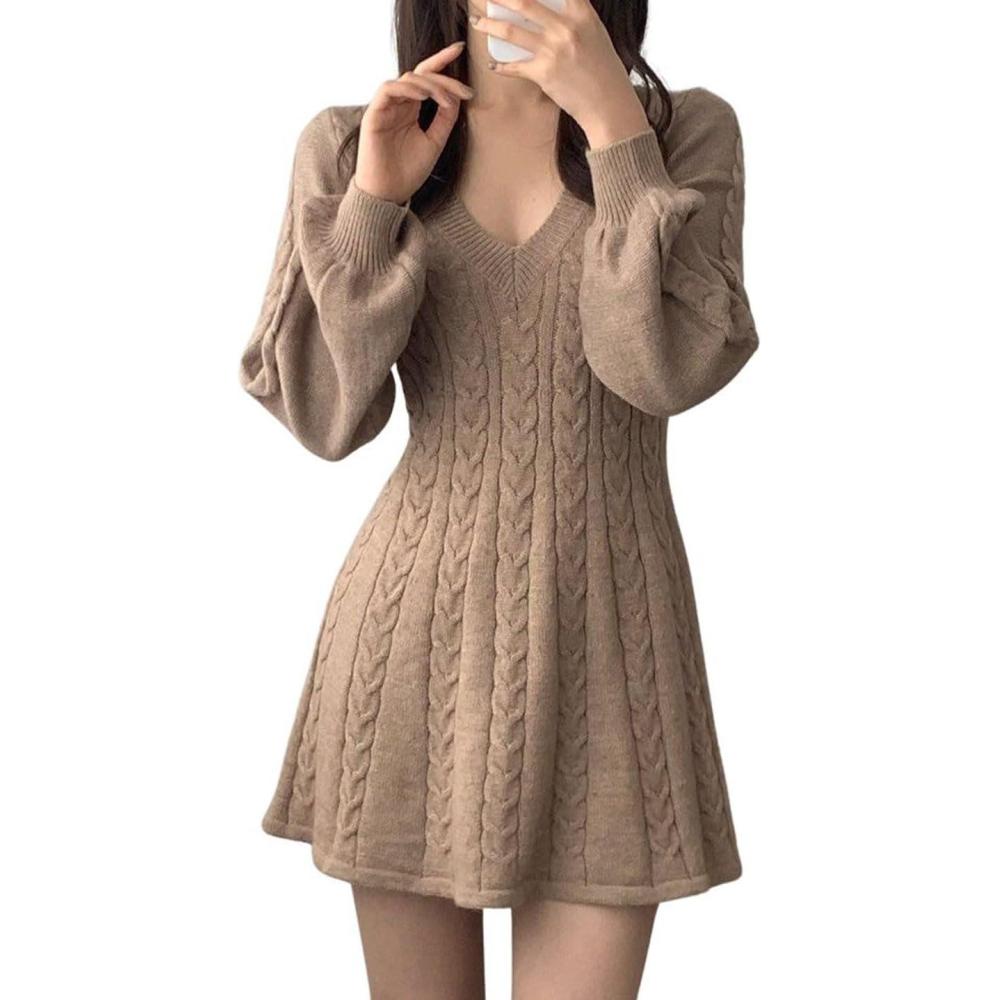 imageCHARTOU Women Fall Chunky Cable Knit V Neck Lantern Long Sleeve Pullover Sweater DressKhaki
