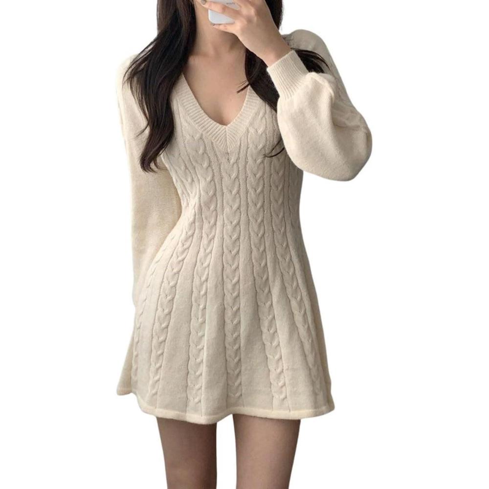 imageCHARTOU Women Fall Chunky Cable Knit V Neck Lantern Long Sleeve Pullover Sweater DressWhite