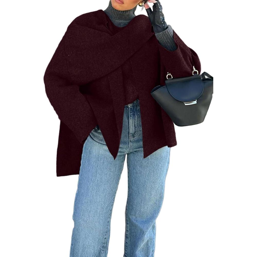 imageCHARTOU Women Large Cross Front Cape Shawl Cardigan Coat Elegant Knit Wrap Cloak Sweater Poncho JacketBurgundy