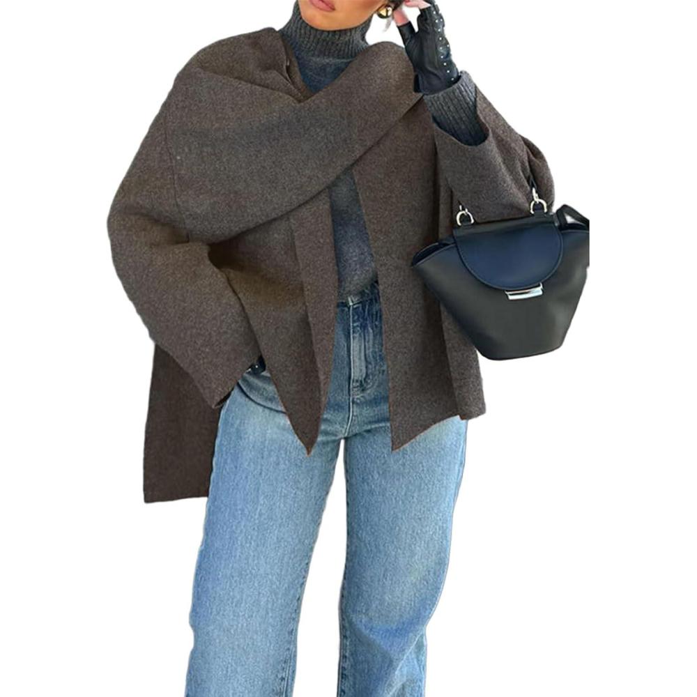 imageCHARTOU Women Large Cross Front Cape Shawl Cardigan Coat Elegant Knit Wrap Cloak Sweater Poncho JacketDark Brown