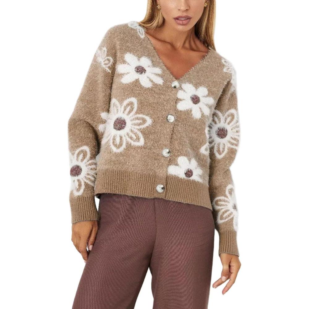 imageCHARTOU Women V Neck Floral Furry Crop Cardigan Knitted Button Down Cashmere Sweater Fall OutfitsKhaki