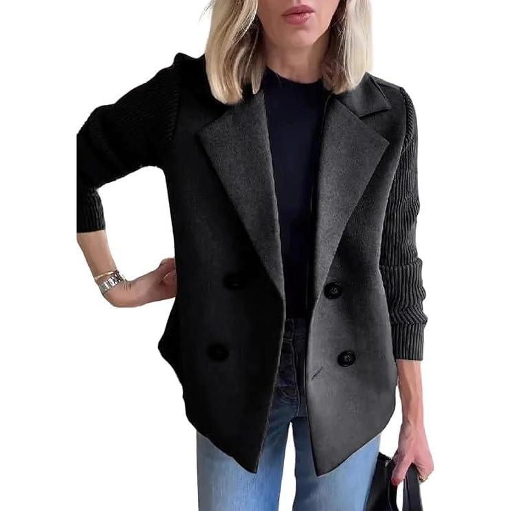 imageCHARTOU Womens Cropped Wool Blend Coat Fall Knit Sweater Blazer Notch Lapel Double Breasted Pea Coat JacketBlack