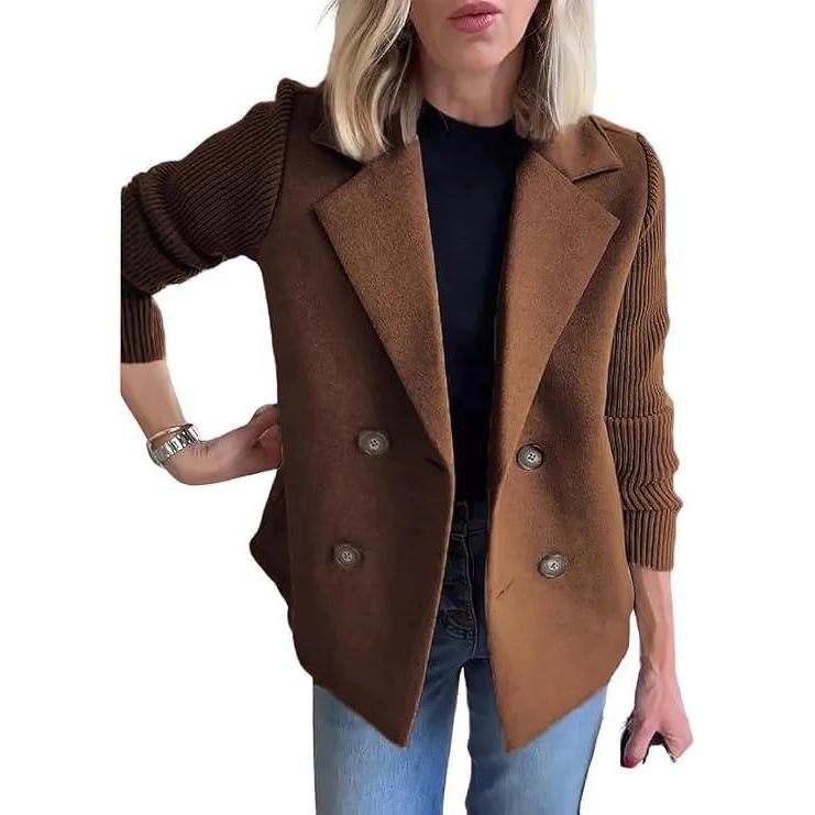 imageCHARTOU Womens Cropped Wool Blend Coat Fall Knit Sweater Blazer Notch Lapel Double Breasted Pea Coat JacketDark Brown