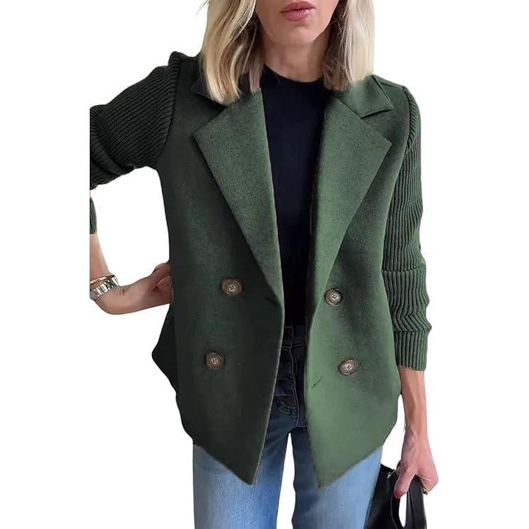 imageCHARTOU Womens Cropped Wool Blend Coat Fall Knit Sweater Blazer Notch Lapel Double Breasted Pea Coat JacketGreen
