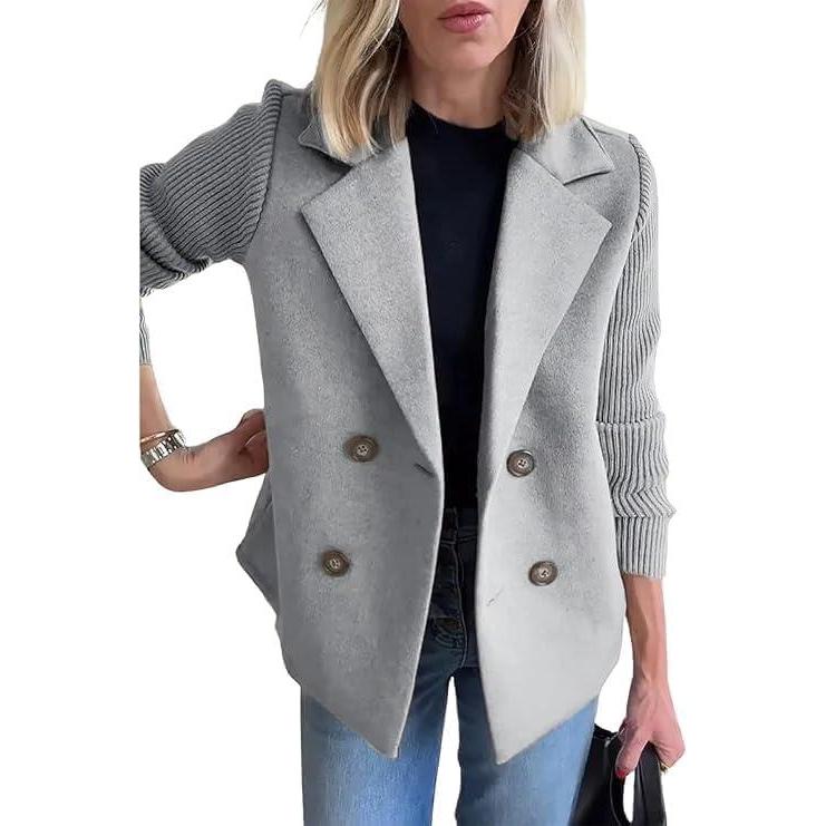 imageCHARTOU Womens Cropped Wool Blend Coat Fall Knit Sweater Blazer Notch Lapel Double Breasted Pea Coat JacketGrey