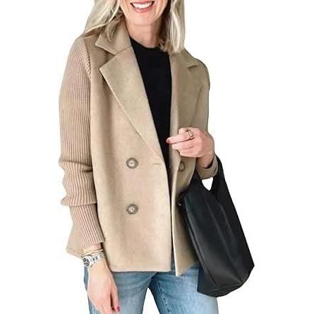 imageCHARTOU Womens Cropped Wool Blend Coat Fall Knit Sweater Blazer Notch Lapel Double Breasted Pea Coat JacketKhaki
