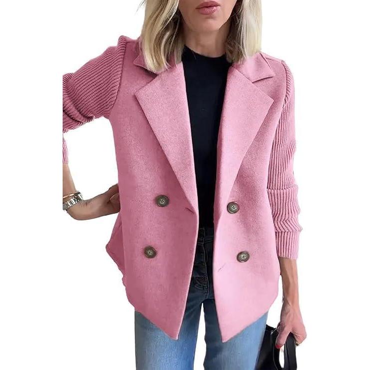 imageCHARTOU Womens Cropped Wool Blend Coat Fall Knit Sweater Blazer Notch Lapel Double Breasted Pea Coat JacketPink