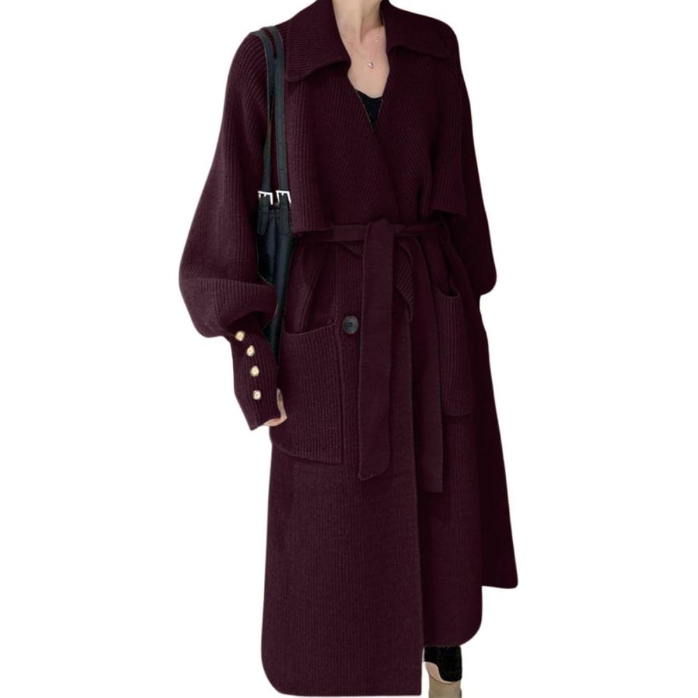 imageCHARTOU Womens Elegant Lapel Collar RibKnit Open Front Cardigan Long Sweater Jacket OvercoatWine
