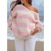 imageCHARTOU Women Chunky Knit Cable Pullover Sweater Oversized V Neck Long Sleeve Off Shoulder Tops Fall OutfitsPink
