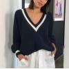 imageCHARTOU Women Contrast Color Pullover Sweater 2025 Fall Outfits Oversized V Neck Knit Jumper TopsNavy
