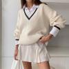 imageCHARTOU Women Contrast Color Pullover Sweater 2025 Fall Outfits Oversized V Neck Knit Jumper TopsWhite