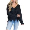 imageCHARTOU Women Cute Ripped Knitted Sweater Distressed Oversized Crop Knit Pullover Sweater KnitwearBlack