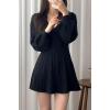 imageCHARTOU Women Fall Chunky Cable Knit V Neck Lantern Long Sleeve Pullover Sweater DressBlack