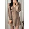 imageCHARTOU Women Fall Chunky Cable Knit V Neck Lantern Long Sleeve Pullover Sweater DressKhaki
