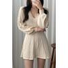 imageCHARTOU Women Fall Chunky Cable Knit V Neck Lantern Long Sleeve Pullover Sweater DressWhite