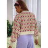 imageCHARTOU Women Floral Knit Cropped Cardigan Cute Lantern Long Sleeve Daisy Jacquard Ribbed SweaterApricot