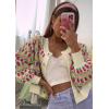imageCHARTOU Women Floral Knit Cropped Cardigan Cute Lantern Long Sleeve Daisy Jacquard Ribbed SweaterApricot