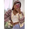 imageCHARTOU Women Floral Knit Cropped Cardigan Cute Lantern Long Sleeve Daisy Jacquard Ribbed SweaterPink