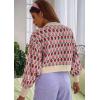 imageCHARTOU Women Floral Knit Cropped Cardigan Cute Lantern Long Sleeve Daisy Jacquard Ribbed SweaterPink